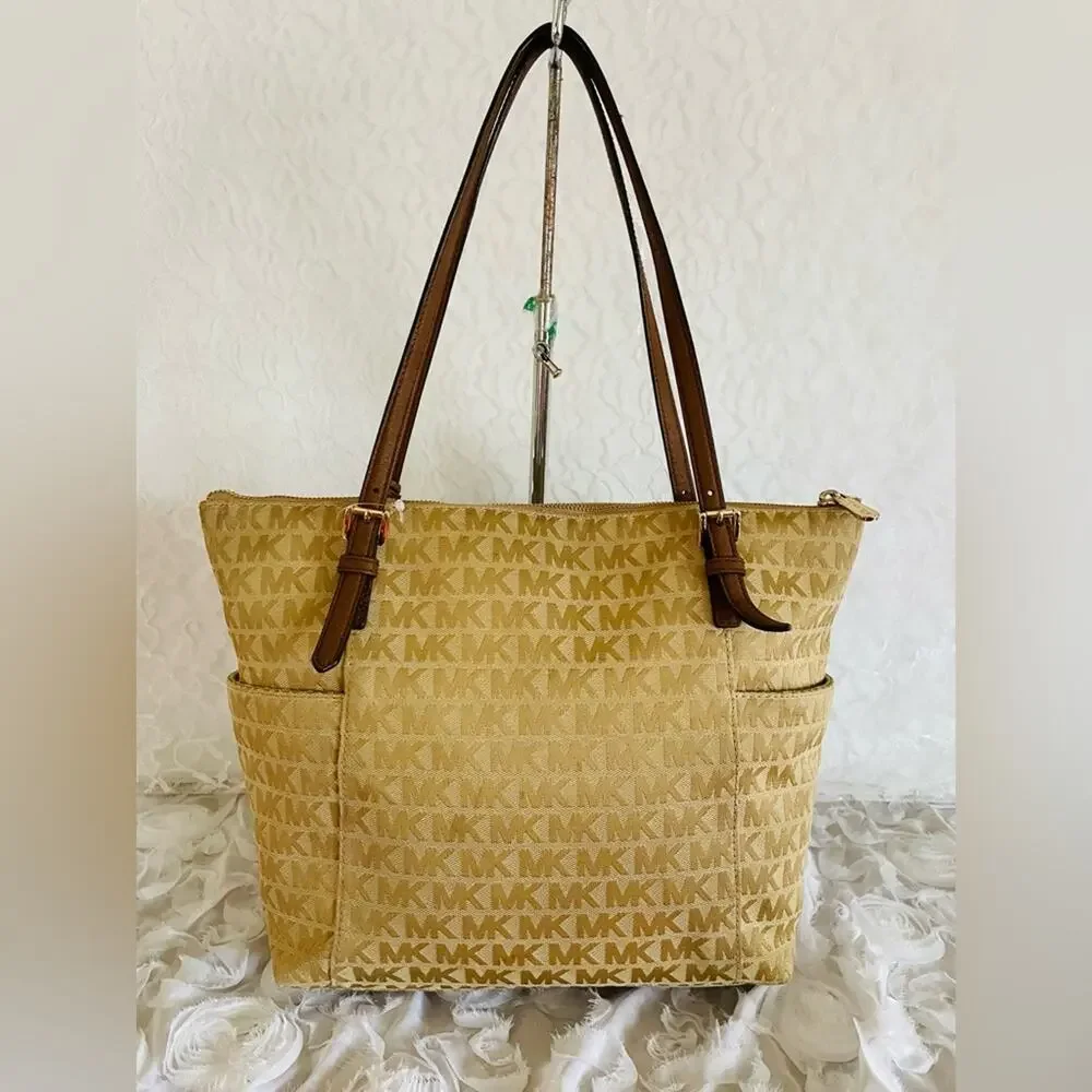 MICHAEL KORS gold Voyager canvas leather tote shoulder bag